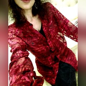 NWT Sheer Velvety Silky Red Button-Up Blouse